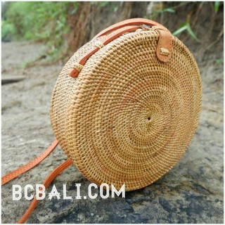 women handbag ata grass rattan circle leather strap 